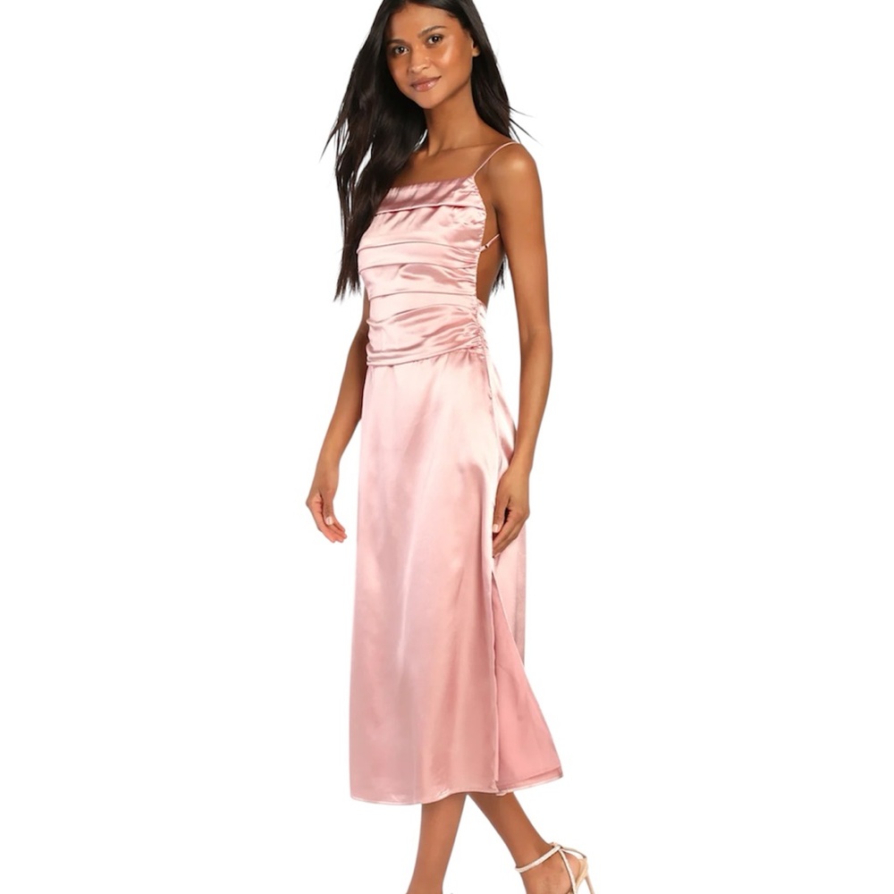 Lulus Glow and Behold Blush Pink Satin Midi Dress Large